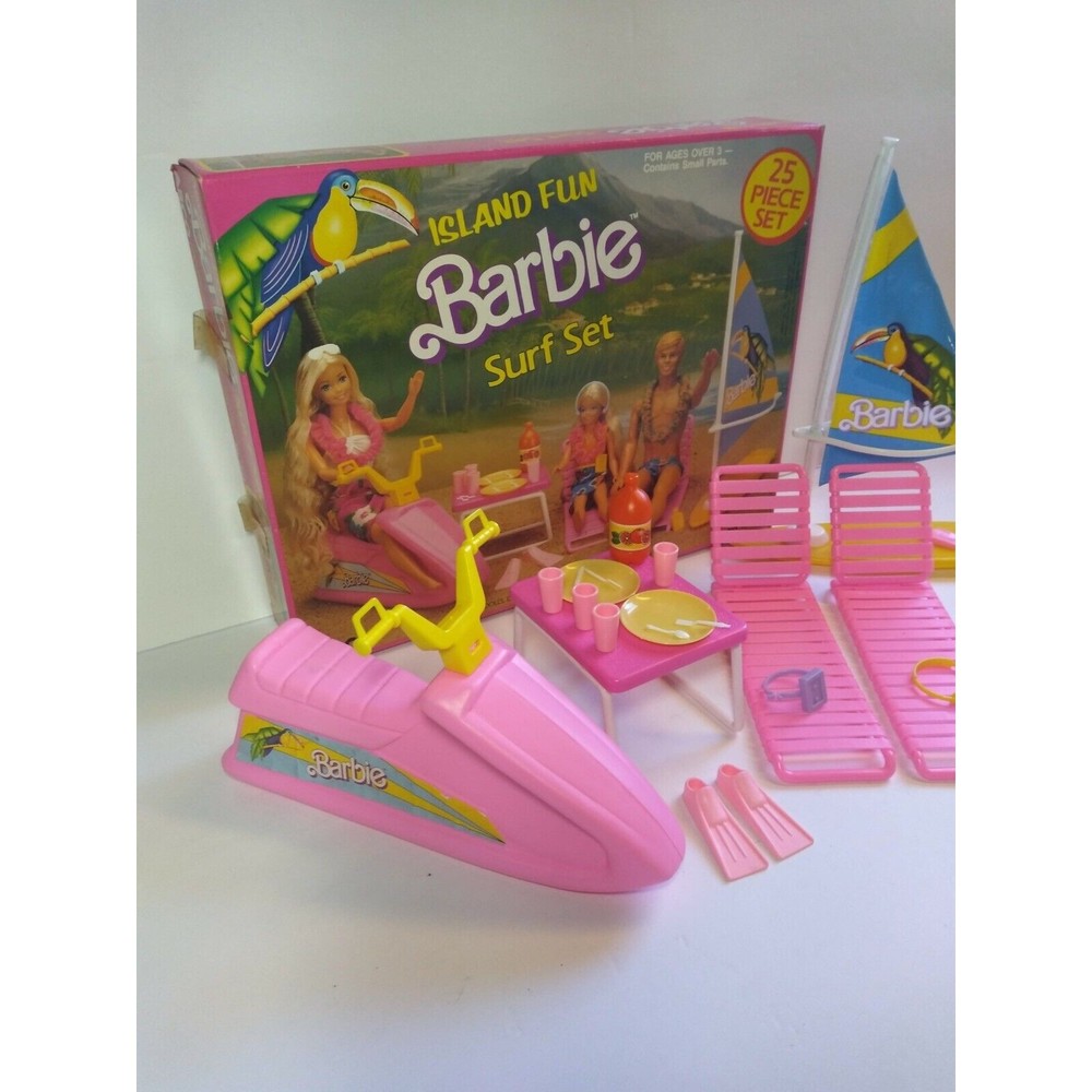 Barbie Jet Ski Playset ARCO ISLAND FUN SURF SET 1987 #7948 flippers Sailboard